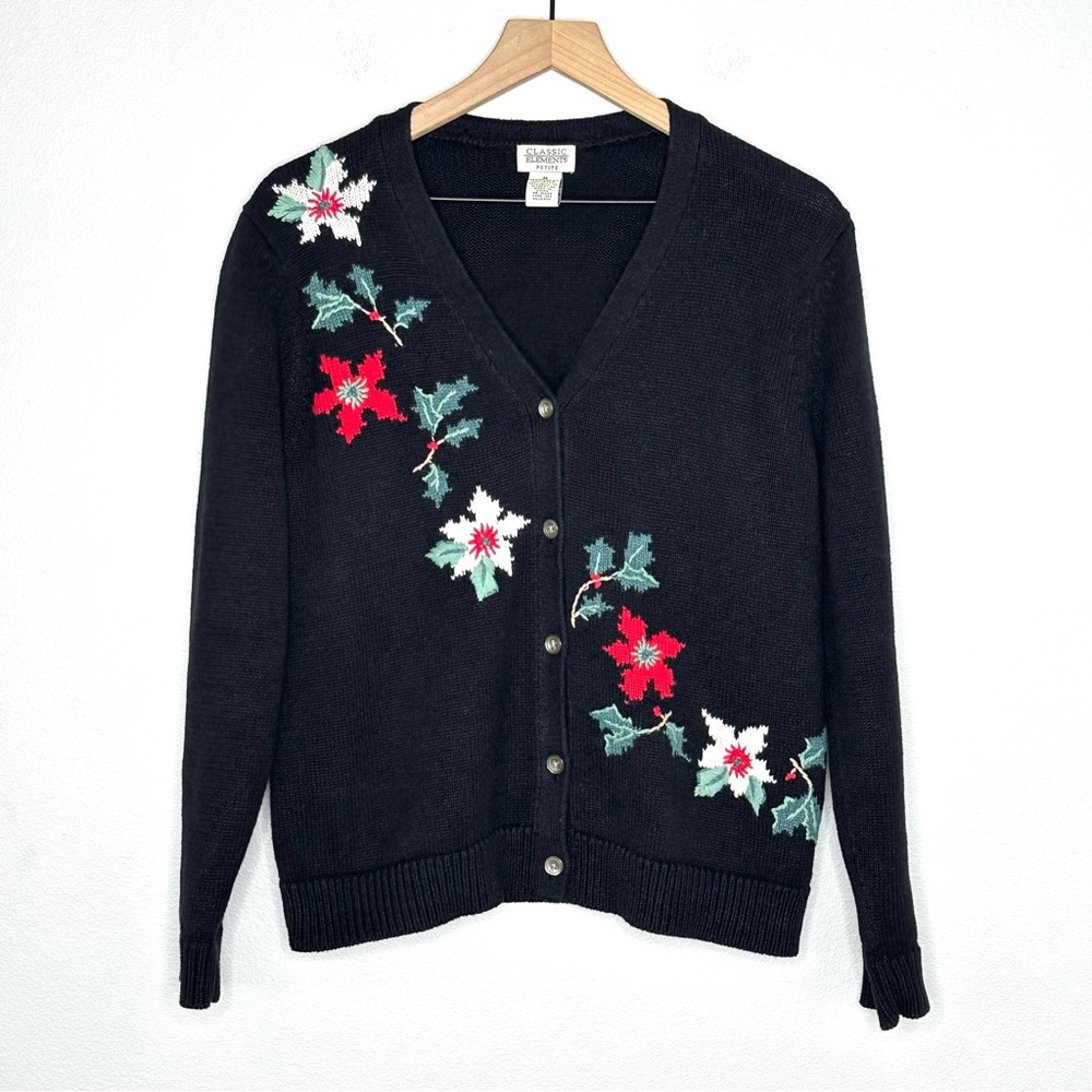Vintage Classic Elements Winter Christmas Black Knit Cardigan Sz M Poinsettia
